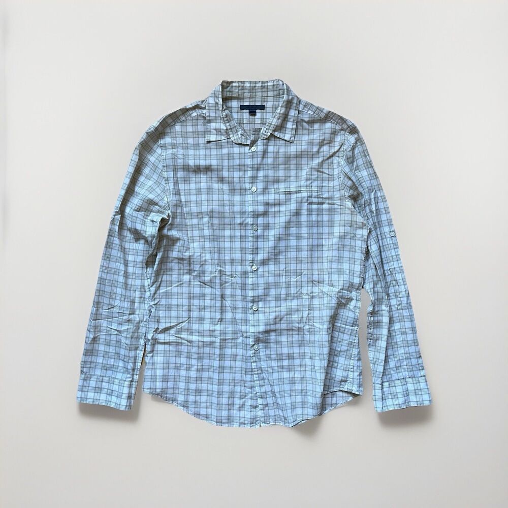 John Varvatos Plaid Shirt Mens Large Brown Button Up Slim Long Sleeve Checkered